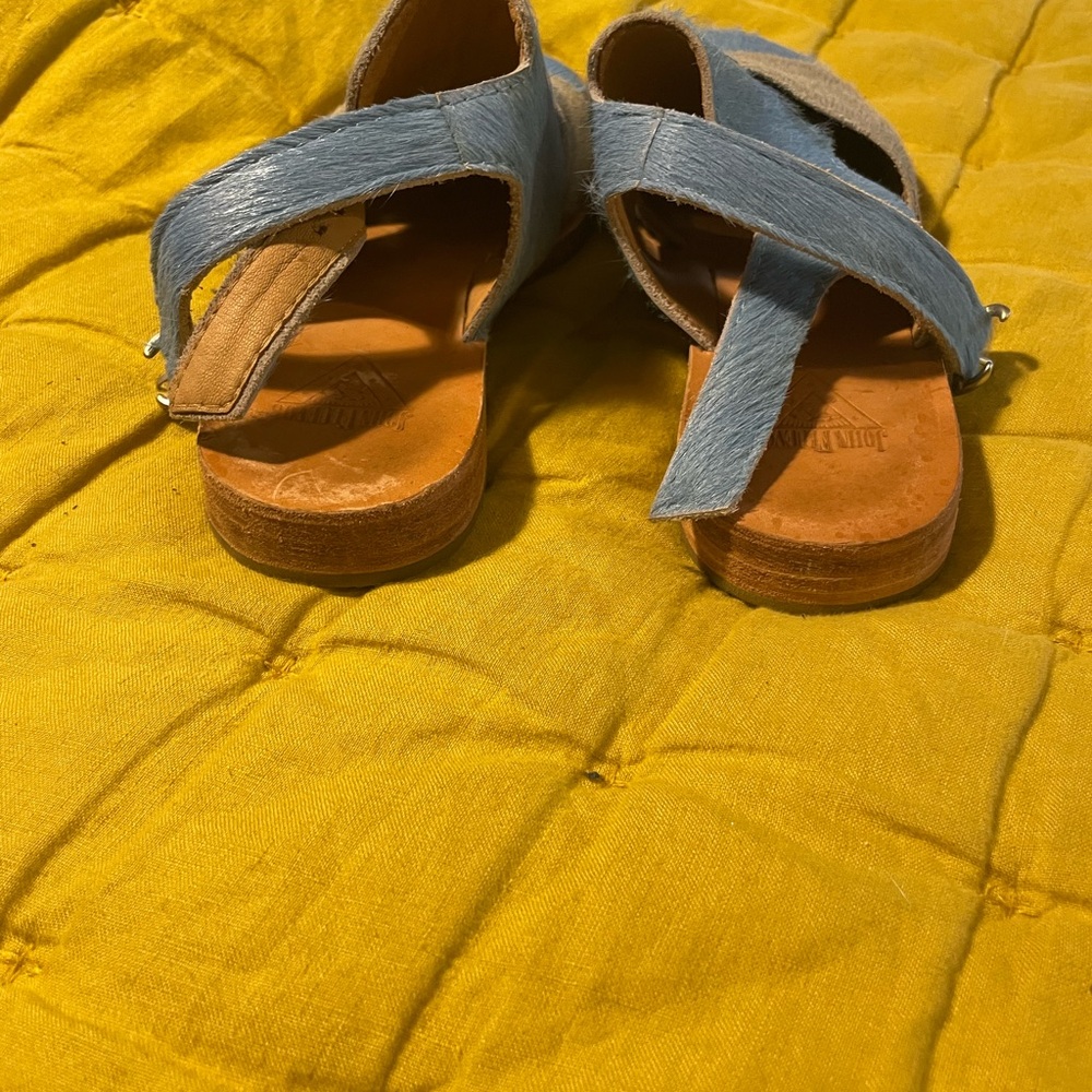 John Fluevog Two-Tone Light Blue and Gray Ponyhair Sandals - Picture 2 of 4